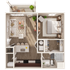 Charming 1-bedroom apartment floor plan with an open living area, modern kitchen, elegant bathroom, and private balcony.
