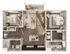 Chic floor plan displaying two cozy bedrooms, a modern open-concept living and kitchen area with island, and a private balcony.