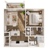 Modern floor plan showcasing a cozy one-bedroom apartment with an open-concept living area, stylish kitchen, and private balcony.