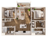 Modern 3D floor plan with two spacious bedrooms, elegant living area, open-concept kitchen, and private balcony.