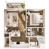 Elegant 1-bedroom floor plan featuring an open-concept living area, modern kitchen with breakfast bar, cozy bedroom, luxury bathroom, and private balcony with seating.