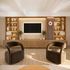 Rendering of an elegant clubhouse with modern armchairs and a sleek entertainment center, showcasing sophisticated decor and warm wooden tones.