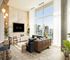 Chic apartment living room featuring modern decor, floor-to-ceiling windows, and a stunning city view with pool access.