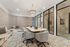 Modern conference room with elegant chandelier, plush seating, and stylish decor, ideal for meetings and collaborations.