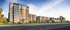 Modern urban apartments with striking architecture, large windows, and lush landscaping, set against a vibrant blue sky.