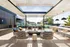 Luxurious rooftop outdoor terrace with stylish seating, a modern fire pit, and sleek bar area under a chic pergola, offering a perfect blend of relaxation and entertainment.