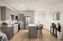 Modern kitchen with sleek gray cabinetry, stainless steel appliances, and a stylish island with seating, featuring elegant wood flooring.