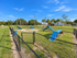 Fenced dog park at Willow Lake Crossing with grass, shade trees and agility equipment.