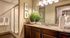 Elegant bathroom featuring a granite countertop, lush greenery, framed art, and modern lighting.