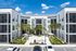 Modern apartment complex with lush palm trees, inviting courtyard, and pristine balconies under a bright blue sky.