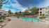 Luxurious apartment community with a sparkling swimming pool and elegant lounging area surrounded by lush greenery.