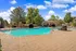 Inviting outdoor pool area with stylish seating, surrounded by lush greenery and clear blue skies, perfect for relaxation and leisure.