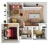 Modern floor plan showcasing an elegant one-bedroom with an open living area, chic kitchen, and cozy balcony.