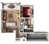 Modern floor plan showcasing 1 bedroom, an inviting living area, open kitchen with island, and a cozy balcony.