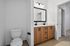 Modern bathroom with elegant wood cabinetry, dual sinks, and a sleek mirror, showcasing a sophisticated design.