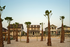 Charming beachfront homes lined with palm trees and sandy volleyball courts.