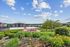 Vibrant outdoor area featuring lush gardens, a fire pit with red chairs, and modern apartment buildings under a bright blue sky.