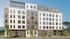 Modern urban apartment building with sleek design, large windows, and a welcoming entrance, surrounded by lush greenery and a vibrant cityscape.