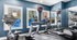 Modern fitness center with treadmills and elliptical trainers, featuring large windows for plenty of natural light and scenic views.