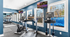 Modern apartment gym with state-of-the-art cardio machines, vibrant blue walls, and large windows for natural light and scenic views.