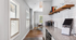 Bright and elegant kitchen space with modern appliances, white cabinetry, and charming wooden accents, leading into a sunlit dining area with large windows and polished wooden floors.