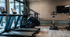 Modern fitness center with green turf flooring, state-of-the-art exercise equipment, and expansive windows.