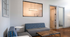 Cozy modern apartment with stylish blue patterned seating, sleek lighting fixture, and inviting wooden coffee table.