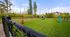 Vibrant outdoor dog park with lush green grass, play tunnel, ramp, and scenic woodland backdrop for a pet-friendly community.