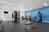 Modern fitness center with state-of-the-art equipment, vibrant blue accent wall, and ample space for workouts.