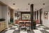 Modern lounge area featuring stylish seating, checkerboard flooring, and vibrant sports-themed wall art.