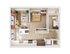 Inviting 3D floor plan showcasing a cozy one-bedroom apartment with an open-concept living area, modern kitchen, and sleek bathroom. Only 1 spot left for this desirable layout!