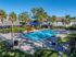 Resort-style apartment community swimming pool with palm trees, lounge chairs, and landscaped surroundings.