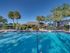 Resort-style apartment community swimming pool with lounge chairs, palm trees, umbrellas, and landscaped courtyard.