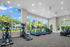 Modern fitness center with large windows showcasing lush outdoor views, equipped with state-of-the-art exercise machines for a refreshing workout experience.