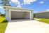 Pristine, spacious double garage with clean lines, set against a lush green lawn and vibrant blue sky.