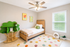Charming children's bedroom with a cozy wooden bed, playful tree-shaped bookshelf, and colorful polka dot rug.