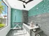 Charming dog spa room with elegant tiled walls, playful dog-themed wallpaper, and a happy dog enjoying the bath area, perfect for pampering your pet.