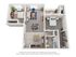 Modern 3D floor plan showcasing 2 cozy bedrooms, stylish open-concept living and dining area, and a sleek kitchen with breakfast bar. Includes a compact bathroom, convenient laundry space, and balcony access.