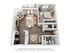 Chic 2D floor plan featuring a cozy bedroom, modern open-concept living area with fireplace, and a stylish kitchen. Includes a balcony, dining space, and in-unit washer/dryer.