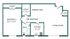 Charming floor plan featuring one spacious bedroom with dual closets, a cozy dining area, modern kitchen, and inviting living room.