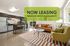 Modern open-concept apartment with stylish living room, cozy sofa, vibrant accents, sleek kitchen, and immediate move-in availability.
