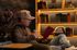 Cozy library setting with warm lighting, featuring a person reading a book while enjoying a beverage; perfect for relaxation and study.