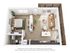 Chic studio apartment floor plan with stylish living area, modern kitchen, and cozy balcony.