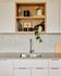 Modern kitchen design with sleek cabinets, stylish open shelving, and elegant hexagonal tile backsplash.