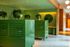 Contemporary apartment lobby with vibrant green mailboxes, lush hanging plants, and a chic round mirror.