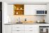Modern kitchen featuring sleek white cabinetry, fully equipped with stainless steel appliances and elegant hexagonal tile backsplash.