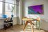 Chic dining nook with a round wooden table set for two, vibrant wall art, and stunning city view from large windows, accented by a stylish bar cart and potted plant.
