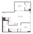 Modern floor plan featuring an open living and dining area, two sleeping spaces, and a compact kitchen with appliances.