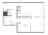 Modern studio floor plan featuring an open living and dining area, sleek kitchen with built-in shelving, and spacious sleeping quarters.