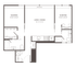 Modern apartment floor plan showcasing two sleeping areas, open living and dining space, and sleek kitchen with integrated appliances.